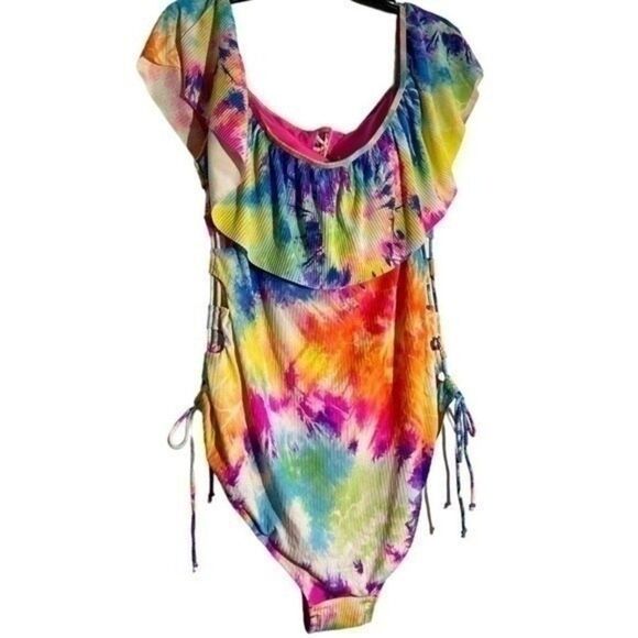 New Coastal Waves Plus Tie Dye Ruffle Off-the-Shoulder Swimsuit - Picture 2 of 13
